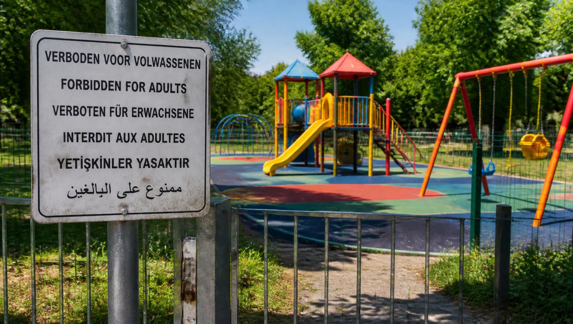 Een grote, kleurrijke en volledig lege speeltuin op een zonnige dag, met bij de ingang een officieel bord met de tekst: VERBODEN VOOR VOLWASSENEN, FORBIDDEN FOR ADULTS, VERBOTEN FÜR ERWACHSENE, INTERDIT AUX ADULTES, YETİŞKİNLER YASAKTIR, ممنوع على البالغين.