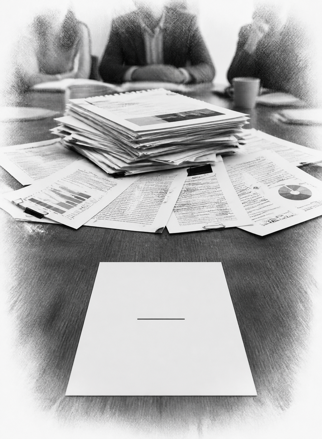 Vergadertafel met een dik strategierapport, meerdere conceptversies en gecorrigeerde pagina's; op de voorgrond ligt losstaand één schone pagina met één korte regel
